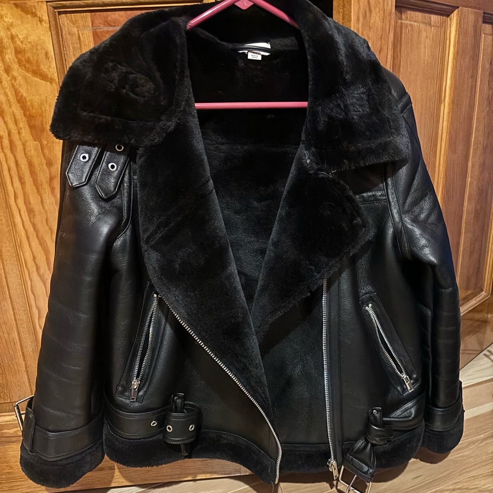 Topshop Faux Leather Aviator Jacket with Faux Shearling Trim